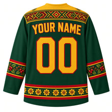 Load image into Gallery viewer, Ethiopia Original Hockey Jersey in Simien Green, back view with your name and number – ornate tibeb-weave yoke, coffee-cherry sleeve bands and adey abeba daisy hem band, detailed artwork