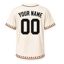 Load image into Gallery viewer, Fall Foliage Bluffs Milwaukee Baseball Jersey in Harvest Cream, back view with your name and number – custom block name and number with leaf-pattern sleeves
