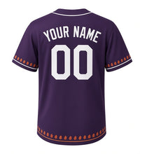 Load image into Gallery viewer, Fall Foliage Bluffs Milwaukee Baseball Jersey in Dusk Plum, back view with your name and number – custom block name and number with leaf-pattern sleeves