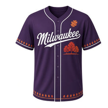 Load image into Gallery viewer, Fall Foliage Bluffs Milwaukee Baseball Jersey in Dusk Plum, front view – three autumn trees on a lakeshore bluff graphic with autumn-leaf crest, custom name and number