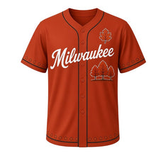 Load image into Gallery viewer, Fall Foliage Bluffs Milwaukee Baseball Jersey in Autumn Rust, front view – three autumn trees on a lakeshore bluff graphic with autumn-leaf crest, custom name and number