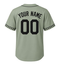 Load image into Gallery viewer, Fall Foliage Bluffs Milwaukee Baseball Jersey in Bluff Sage, back view with your name and number – custom block name and number with leaf-pattern sleeves