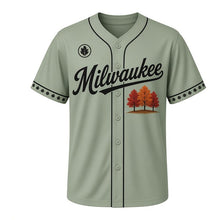 Load image into Gallery viewer, Fall Foliage Bluffs Milwaukee Baseball Jersey in Bluff Sage, front view – three autumn trees on a lakeshore bluff graphic with autumn-leaf crest, custom name and number