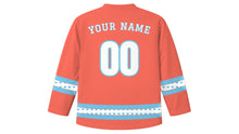 Load image into Gallery viewer, Family Day Original Hockey Jersey in Coral, back view with your name and number