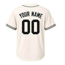 Load image into Gallery viewer, Farm Windmill Milwaukee Baseball Jersey in Prairie Cream, back view with your name and number – custom block name and number with plaid-check sleeves