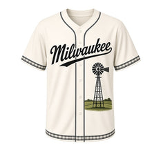 Load image into Gallery viewer, Farm Windmill Milwaukee Baseball Jersey in Prairie Cream, front view – classic farm windmill on lattice tower over rolling fields graphic, custom name and number