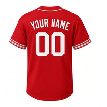 Load image into Gallery viewer, Farm Windmill Milwaukee Baseball Jersey in Barn Red, back view with your name and number – custom block name and number with plaid-check sleeves