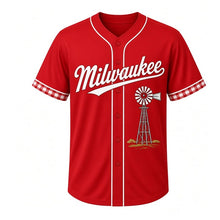 Load image into Gallery viewer, Farm Windmill Milwaukee Baseball Jersey in Barn Red, front view – classic farm windmill on lattice tower over rolling fields graphic, custom name and number