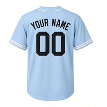 Load image into Gallery viewer, Farm Windmill Milwaukee Baseball Jersey in Breeze Sky Blue, back view with your name and number – custom block name and number with plaid-check sleeves