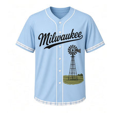 Load image into Gallery viewer, Farm Windmill Milwaukee Baseball Jersey in Breeze Sky Blue, front view – classic farm windmill on lattice tower over rolling fields graphic, custom name and number
