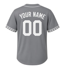Load image into Gallery viewer, Farm Windmill Milwaukee Baseball Jersey in Silo Steel Gray, back view with your name and number – custom block name and number with plaid-check sleeves