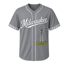 Load image into Gallery viewer, Farm Windmill Milwaukee Baseball Jersey in Silo Steel Gray, front view – classic farm windmill on lattice tower over rolling fields graphic, custom name and number