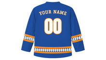 Load image into Gallery viewer, Feast of Saint Anthony Original Hockey Jersey in Azulejo Blue, back view with your name and number
