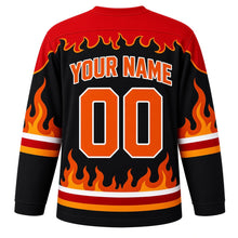 Load image into Gallery viewer, Fiery Spirit Emotion Hockey Jersey in Ember Black, back view with your name and number – flame-pattern yoke and red-orange sleeve stripes