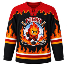 Load image into Gallery viewer, Fiery Spirit Emotion Hockey Jersey in Ember Black, front view – flame mascot with swirling fire and crossed hockey sticks, custom name and number