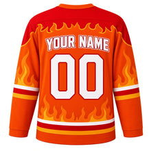 Load image into Gallery viewer, Fiery Spirit Emotion Hockey Jersey in Inferno Orange, back view with your name and number – flame-pattern yoke and red-orange sleeve stripes