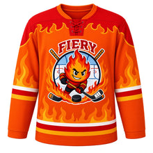 Load image into Gallery viewer, Fiery Spirit Emotion Hockey Jersey in Inferno Orange, front view – flame mascot with swirling fire and crossed hockey sticks, custom name and number