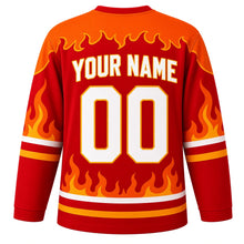 Load image into Gallery viewer, Fiery Spirit Emotion Hockey Jersey in Blaze Red, back view with your name and number – flame-pattern yoke and red-orange sleeve stripes