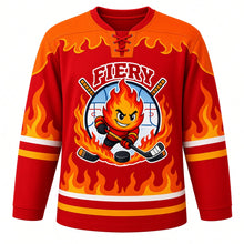 Load image into Gallery viewer, Fiery Spirit Emotion Hockey Jersey in Blaze Red, front view – flame mascot with swirling fire and crossed hockey sticks, custom name and number