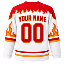 Load image into Gallery viewer, Fiery Spirit Emotion Hockey Jersey in Ash White, back view with your name and number – flame-pattern yoke and red-orange sleeve stripes