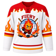 Load image into Gallery viewer, Fiery Spirit Emotion Hockey Jersey in Ash White, front view – flame mascot with swirling fire and crossed hockey sticks, custom name and number