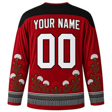 Load image into Gallery viewer, Fiesta de San Isidro Original Hockey Jersey in Carnation Red, back view with custom YOUR NAME and 00