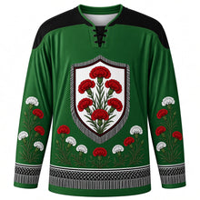 Load image into Gallery viewer, Fiesta de San Isidro Original Hockey Jersey in Pradera Green, front view with themed artwork and clean crest