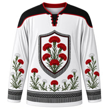 Load image into Gallery viewer, Fiesta de San Isidro Original Hockey Jersey in Madrid White, front view with themed artwork and clean crest