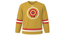 Load image into Gallery viewer, Fiestas Patrias Peru Original Hockey Jersey in Gold, front view – custom name and number