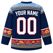Load image into Gallery viewer, Fiji Original Hockey Jersey in Reef Navy, back view with your name and number – masi-pattern yoke and coral reef hem band, detailed artwork