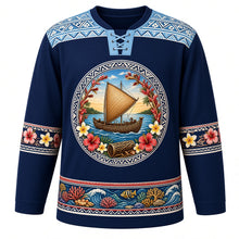 Load image into Gallery viewer, Fiji Original Hockey Jersey in Reef Navy, front view – ornate masi-pattern yoke and drua canoe crest with tagimoucia flowers, detailed artwork, custom name and number