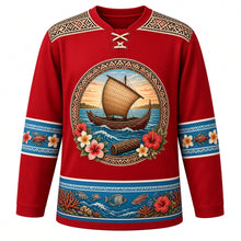Load image into Gallery viewer, Fiji Original Hockey Jersey in Tagimoucia Red, front view – ornate masi-pattern yoke and drua canoe crest with tagimoucia flowers, detailed artwork, custom name and number