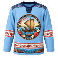 Load image into Gallery viewer, Fiji Original Hockey Jersey in Pacific Sky Blue, front view – ornate masi-pattern yoke and drua canoe crest with tagimoucia flowers, detailed artwork, custom name and number