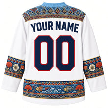 Load image into Gallery viewer, Fiji Original Hockey Jersey in Coral Sand White, back view with your name and number – masi-pattern yoke and coral reef hem band, detailed artwork