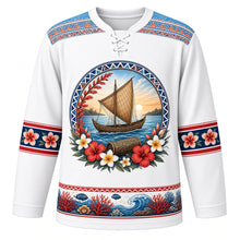 Load image into Gallery viewer, Fiji Original Hockey Jersey in Coral Sand White, front view – ornate masi-pattern yoke and drua canoe crest with tagimoucia flowers, detailed artwork, custom name and number