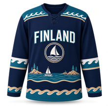 Load image into Gallery viewer, Finland Archipelago Sail Original Hockey Jersey in Harbor Navy, front view – custom name and number