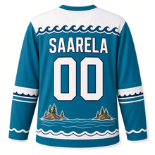 Load image into Gallery viewer, Finland Archipelago Sail Original Hockey Jersey in Baltic Teal, back view with your name and number
