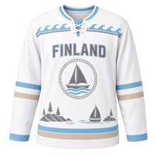 Load image into Gallery viewer, Finland Archipelago Sail Original Hockey Jersey in Sail White, front view – custom name and number