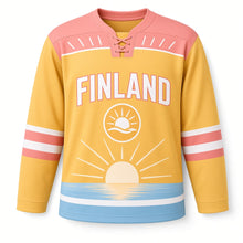 Load image into Gallery viewer, Finland Midnight Sun Original Hockey Jersey in Sun Gold, front view – custom name and number