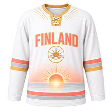 Load image into Gallery viewer, Finland Midnight Sun Original Hockey Jersey in Bright White, front view – custom name and number
