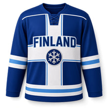 Load image into Gallery viewer, Finland Nordic Cross Original Hockey Jersey in Nordic Blue, front view – custom name and number