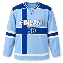 Load image into Gallery viewer, Finland Nordic Cross Original Hockey Jersey in Ice Sky, front view – custom name and number