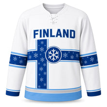 Load image into Gallery viewer, Finland Nordic Cross Original Hockey Jersey in Frost White, front view – custom name and number