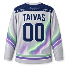 Load image into Gallery viewer, Finland Northern Lights Original Hockey Jersey in Frost Silver, back view with your name and number