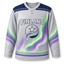 Load image into Gallery viewer, Finland Northern Lights Original Hockey Jersey in Frost Silver, front view – custom name and number