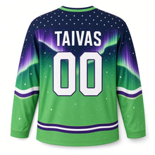 Load image into Gallery viewer, Finland Northern Lights Original Hockey Jersey in Aurora Green, back view with your name and number