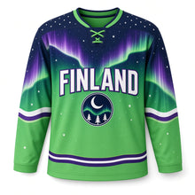Load image into Gallery viewer, Finland Northern Lights Original Hockey Jersey in Aurora Green, front view – custom name and number