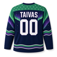 Load image into Gallery viewer, Finland Northern Lights Original Hockey Jersey in Arctic Night, back view with your name and number