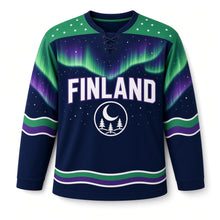 Load image into Gallery viewer, Finland Northern Lights Original Hockey Jersey in Arctic Night, front view – custom name and number