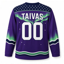 Load image into Gallery viewer, Finland Northern Lights Original Hockey Jersey in Polar Violet, back view with your name and number
